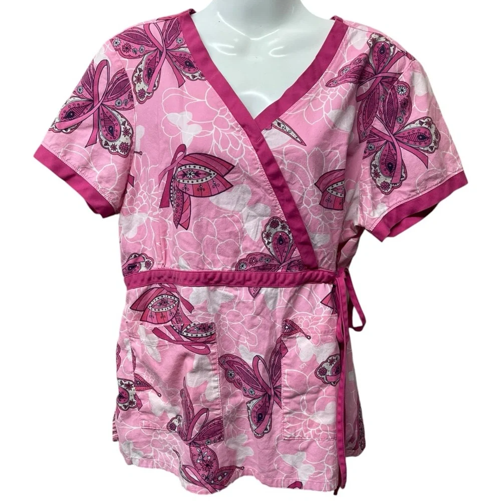 KOI Faux Wrap Scrub Top Pink Breast Cancer Ribbon Support Advocate Print Large - Picture 1 of 6